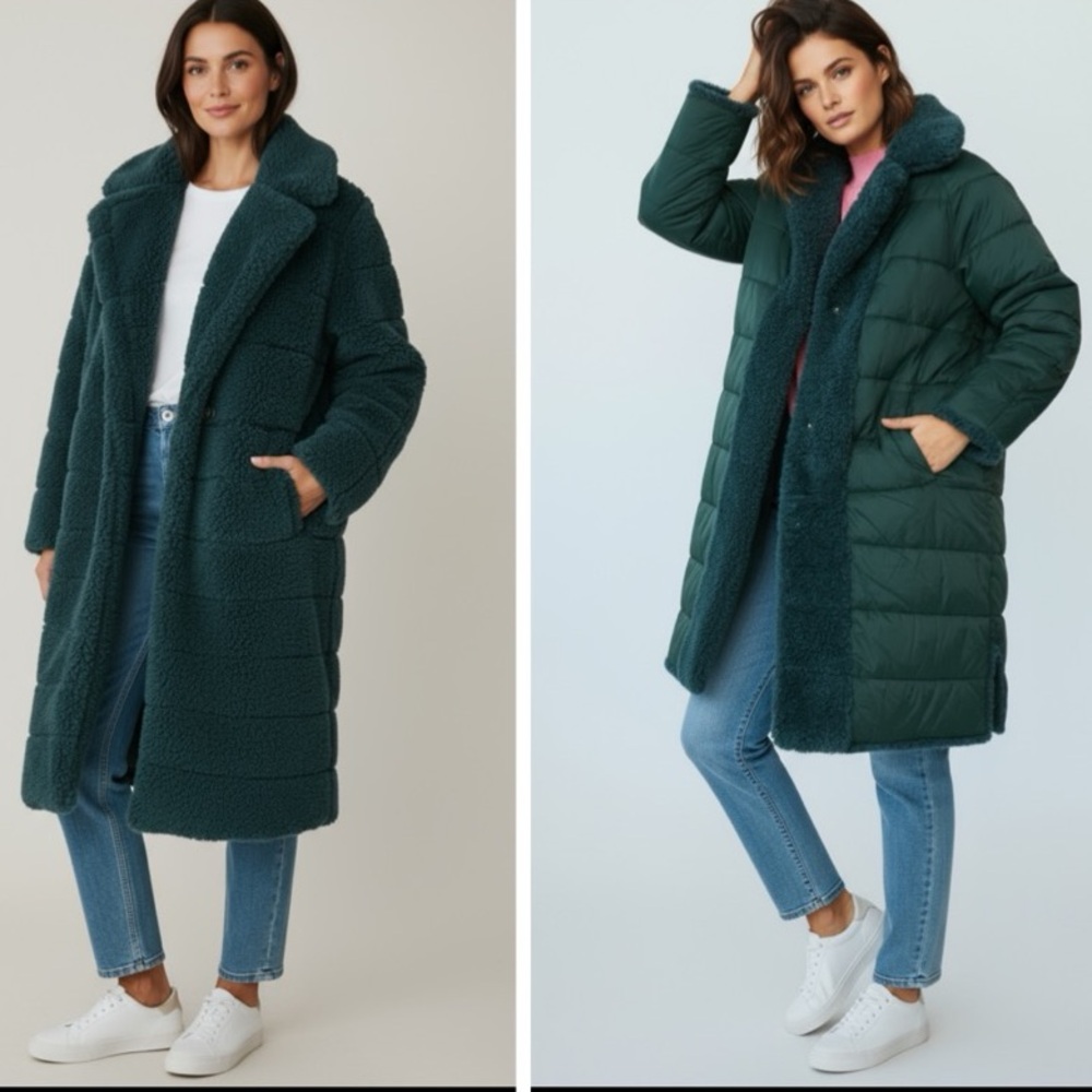 Essentiel Antwerp “Alexander” Convertible quilted Shearling  Coat in Teal Size 8